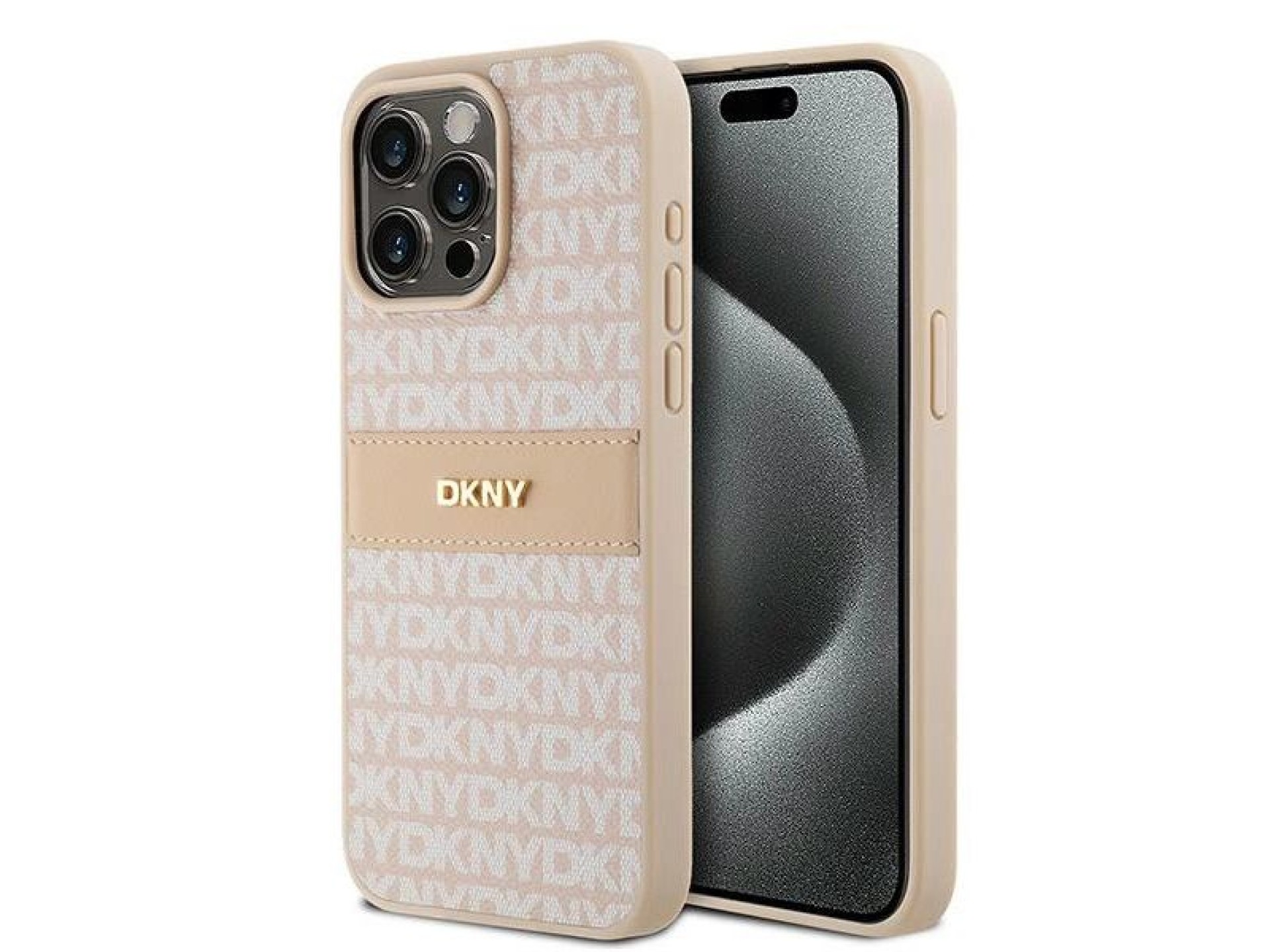 DKNY Leather Mono Stripe & Metal Logo case for iPhone 15 Pro Max - pink