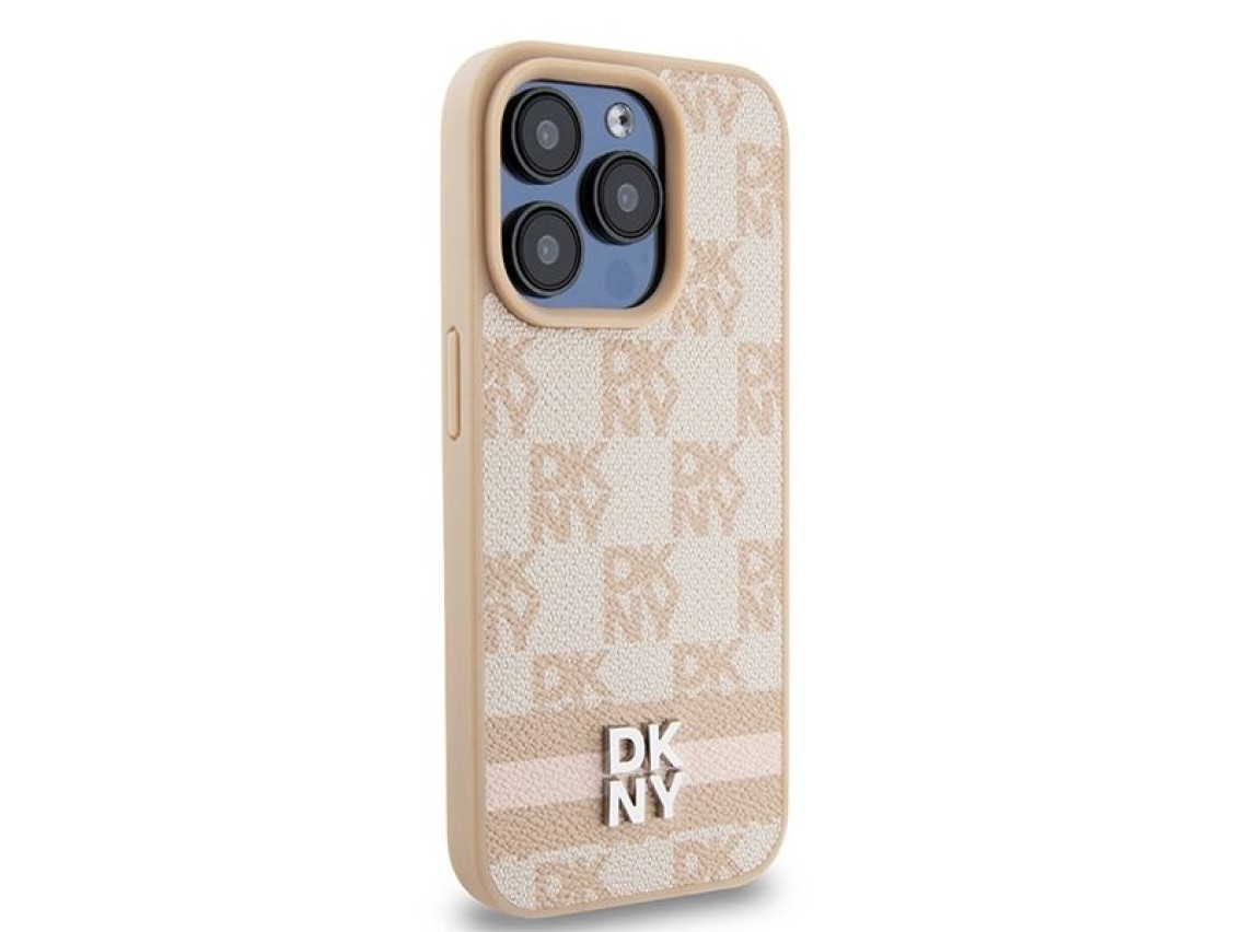 Capa DKNY em couro com estampa xadrez monocromática e listras para iPhone 15 Pro Max - rosa