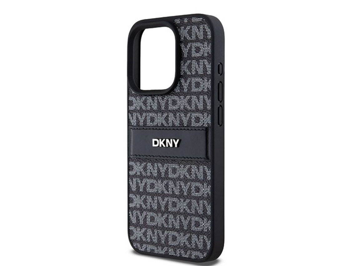 Capa DKNY em couro com estampa Mono Stripe e logo metálico para iPhone 15 Pro Max - preta