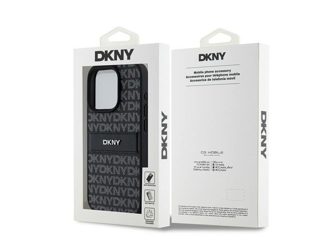 Capa DKNY em couro com estampa Mono Stripe e logo metálico para iPhone 15 Pro Max - preta