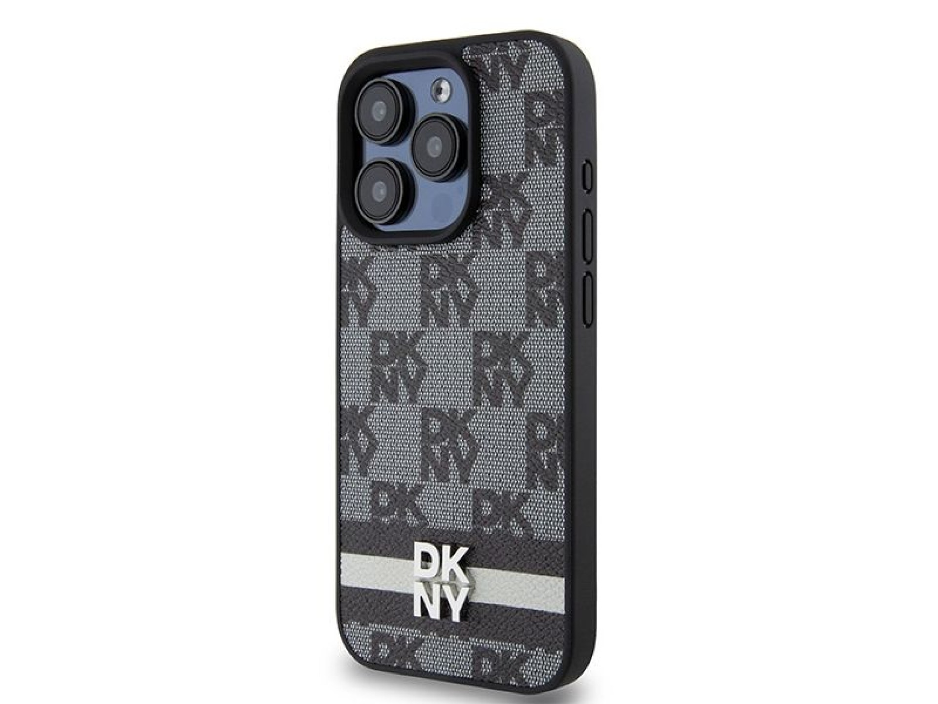 Capa DKNY em couro com estampa xadrez monocromática e listras para iPhone 15 Pro Max - Preta