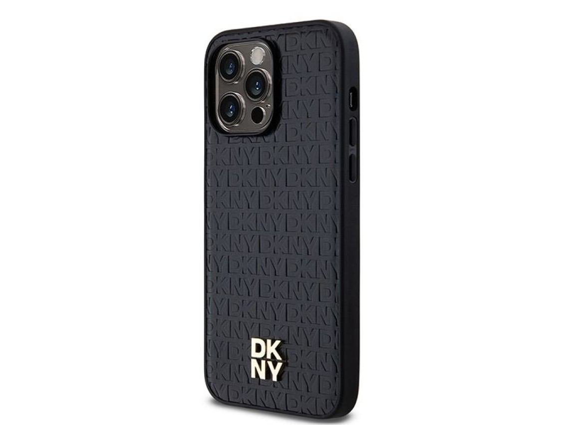 Funda MagSafe DKNY con estampado de cuero y logo metálico para iPhone 13 Pro / 13 - Negra