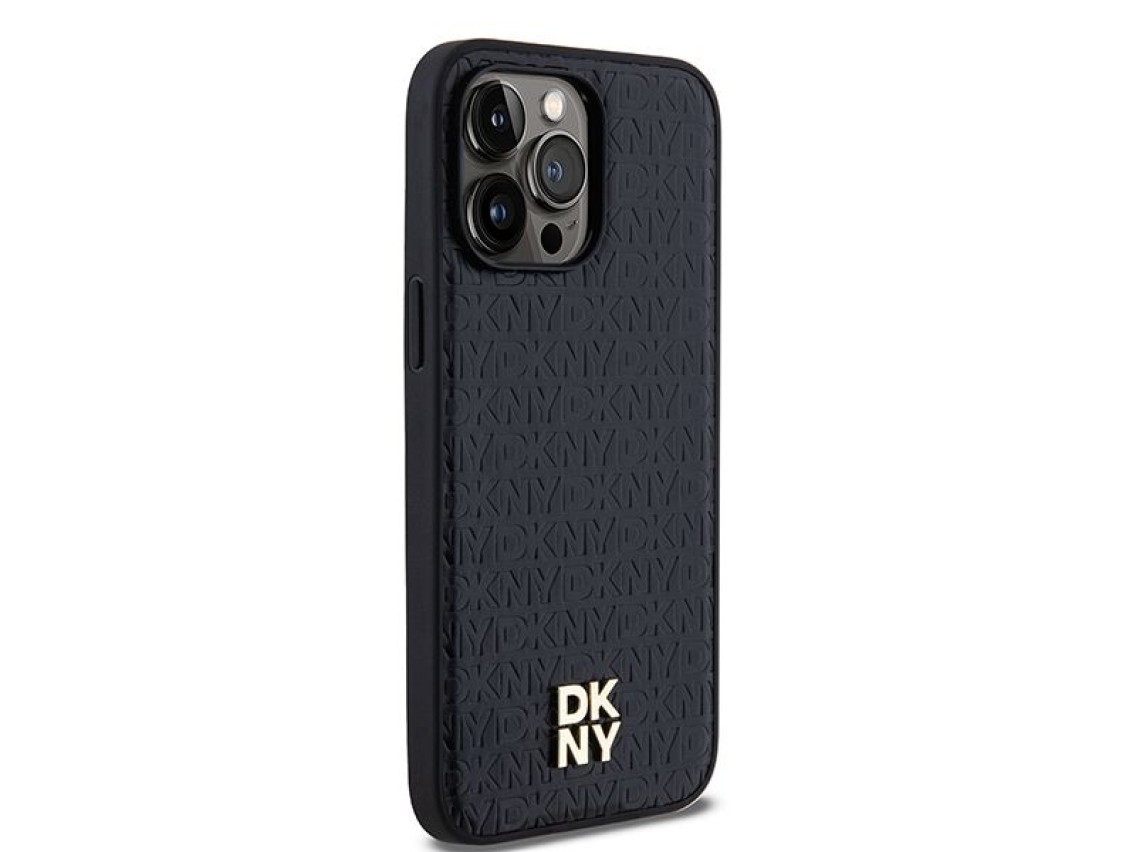 Funda MagSafe DKNY con estampado de cuero y logo metálico para iPhone 13 Pro / 13 - Negra