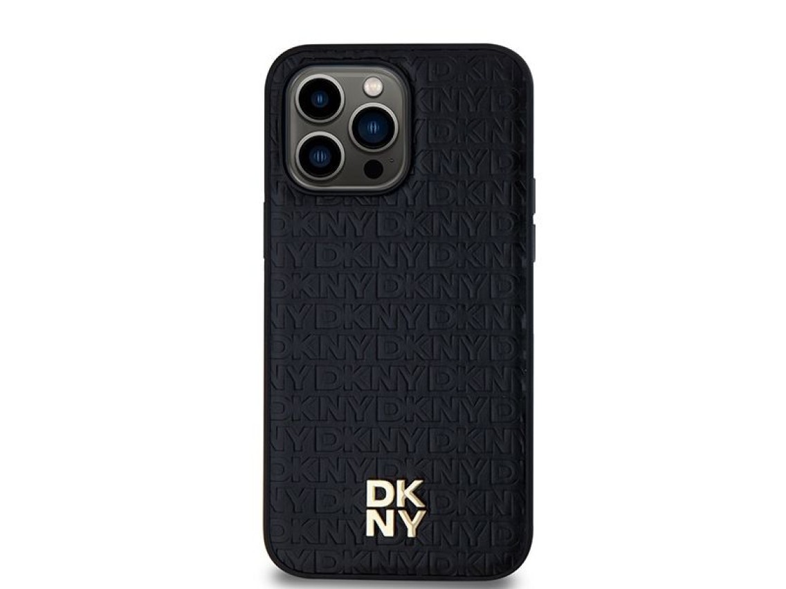 Funda MagSafe DKNY con estampado de cuero y logo metálico para iPhone 13 Pro / 13 - Negra