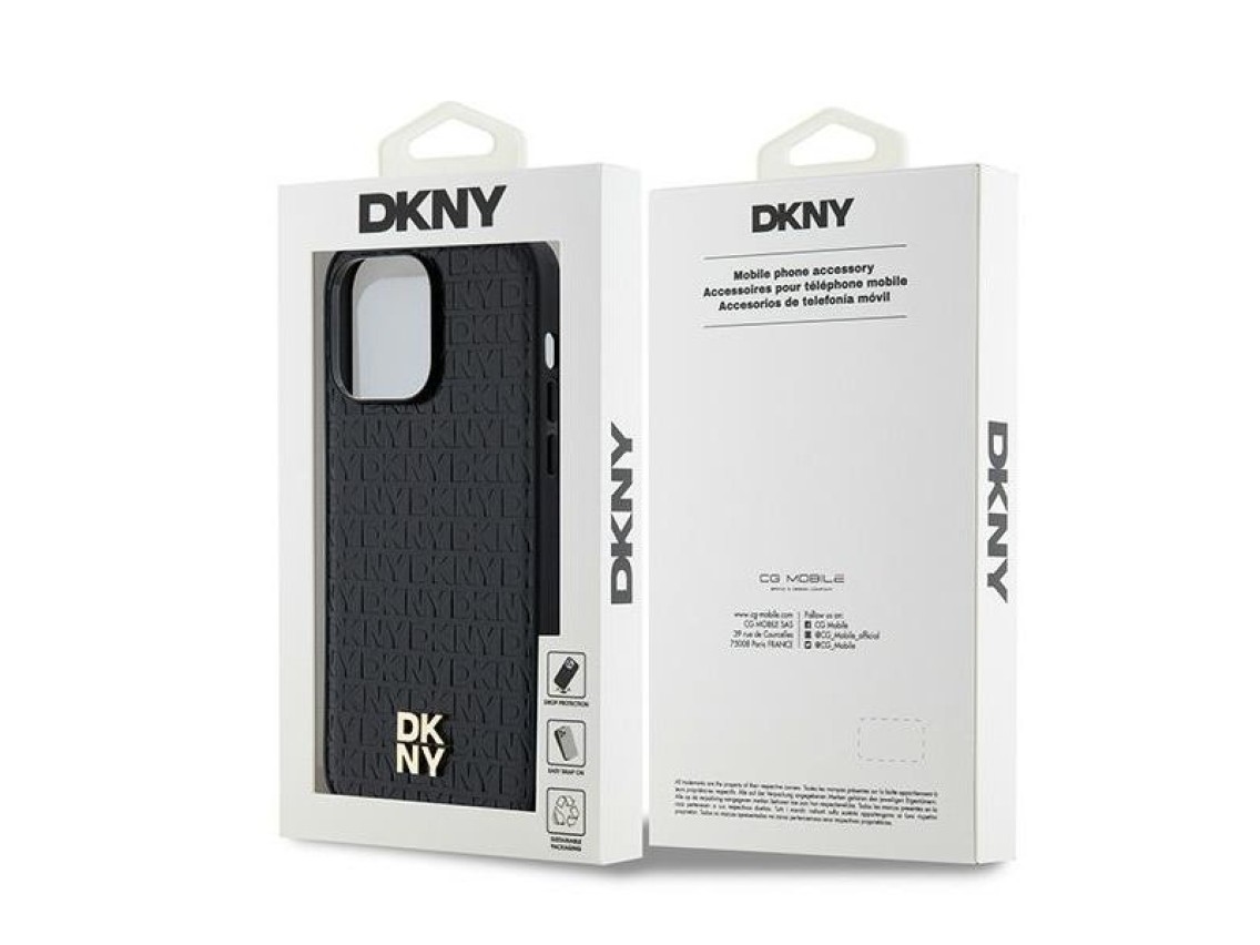 Funda MagSafe DKNY con estampado de cuero y logo metálico para iPhone 13 Pro / 13 - Negra