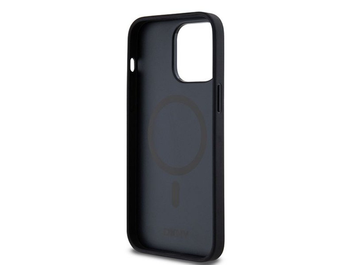 Funda MagSafe DKNY con estampado de cuero y logo metálico para iPhone 13 Pro / 13 - Negra