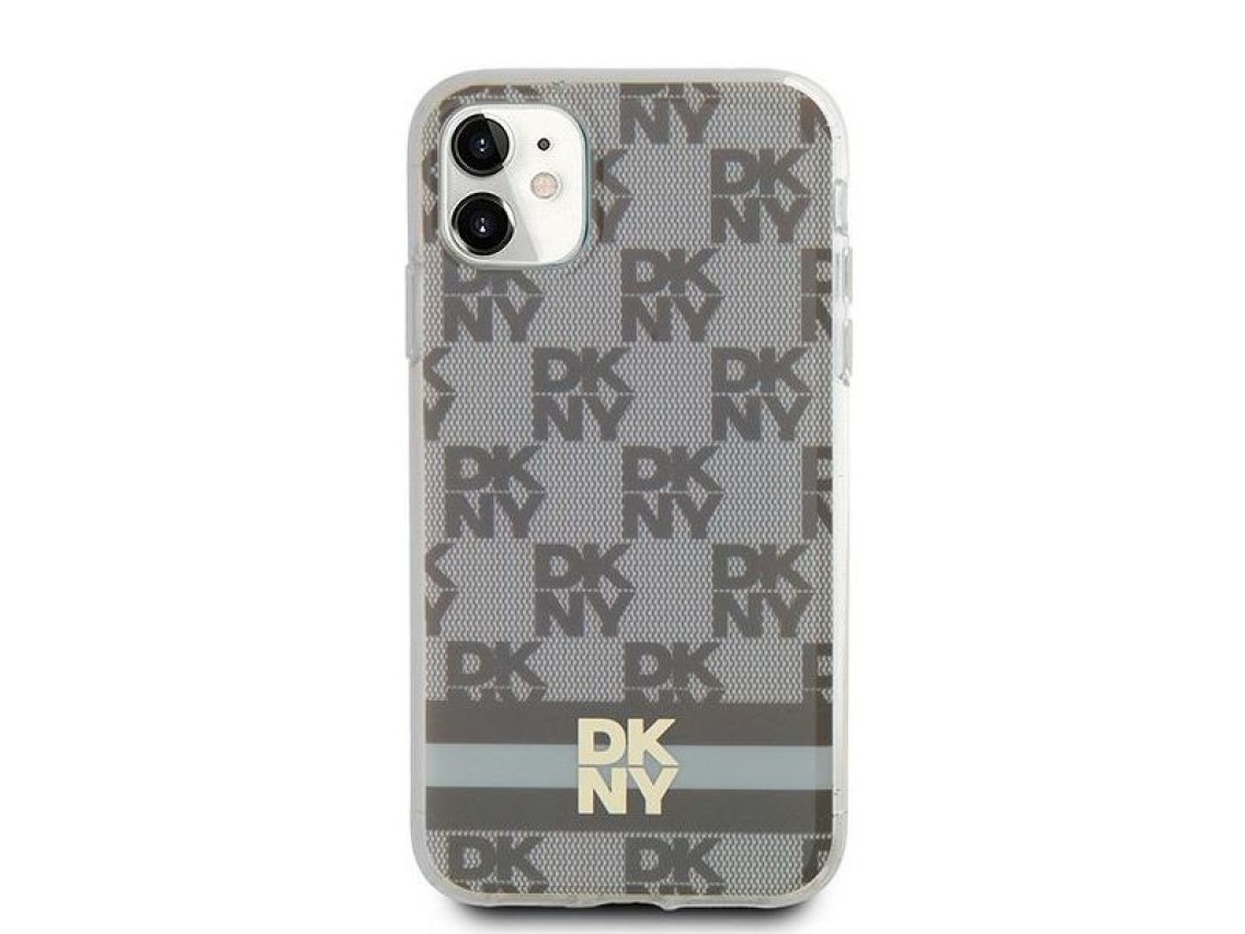Capa MagSafe DKNY IML com estampa xadrez monocromática e listras para iPhone 11/Xr - bege