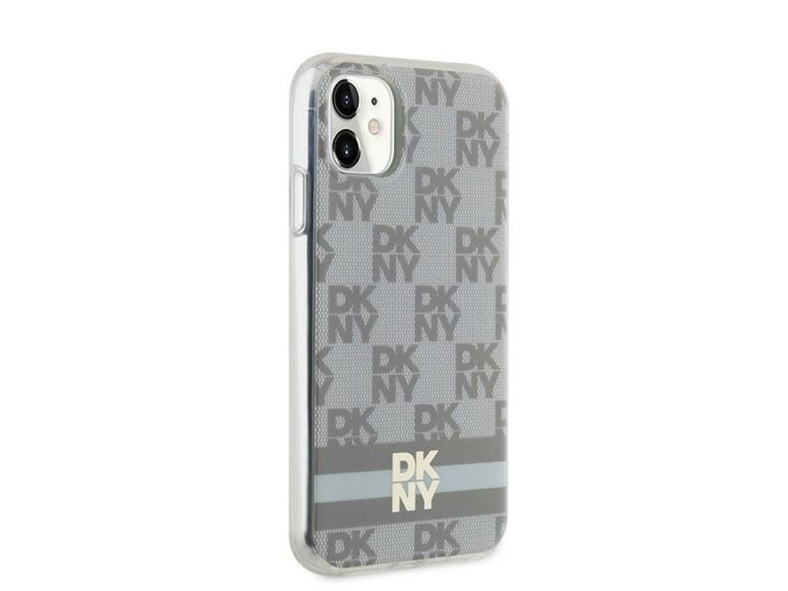 Capa MagSafe DKNY IML com estampa xadrez monocromática e listras para iPhone 11/Xr - bege