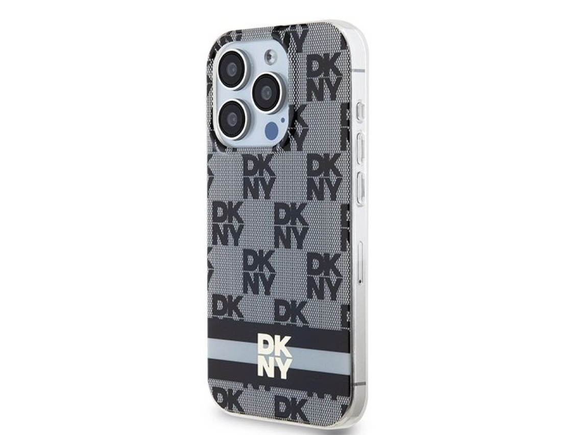 Capa MagSafe DKNY IML com estampa xadrez monocromática e listras para iPhone 13 Pro / 13 - Preta