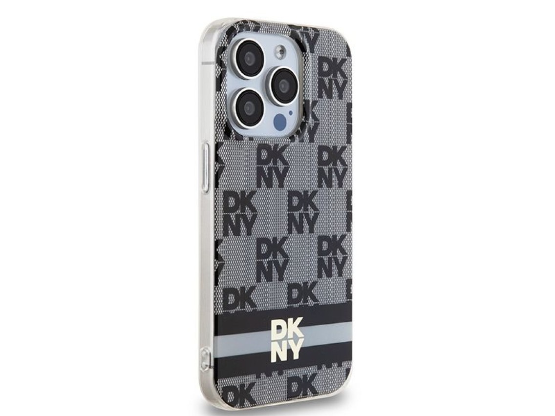 Capa MagSafe DKNY IML com estampa xadrez monocromática e listras para iPhone 13 Pro / 13 - Preta