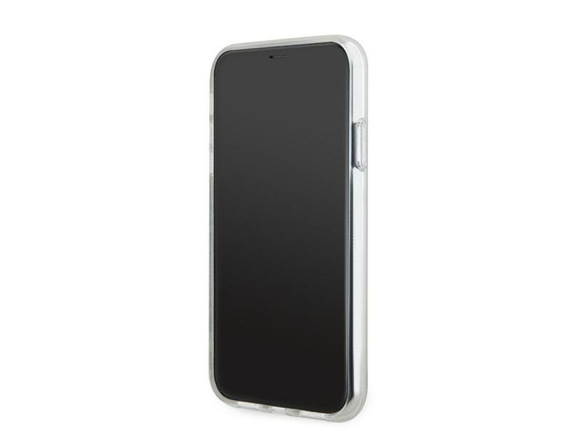 Capa MagSafe DKNY IML com estampa xadrez monocromática e listras para iPhone 11/Xr - bege