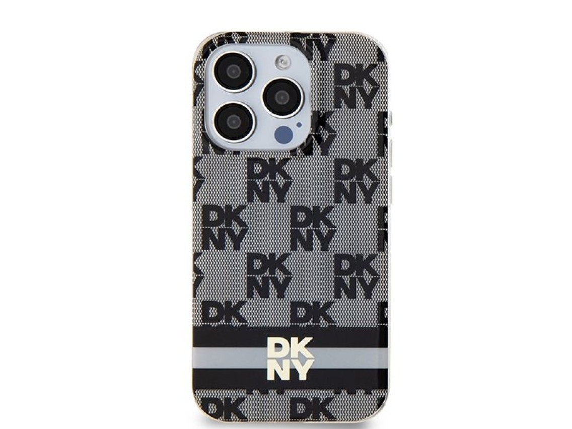 Capa MagSafe DKNY IML com estampa xadrez monocromática e listras para iPhone 13 Pro / 13 - Preta