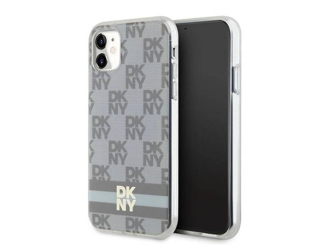 Capa MagSafe DKNY IML com estampa xadrez monocromática e listras para iPhone 11/Xr - bege