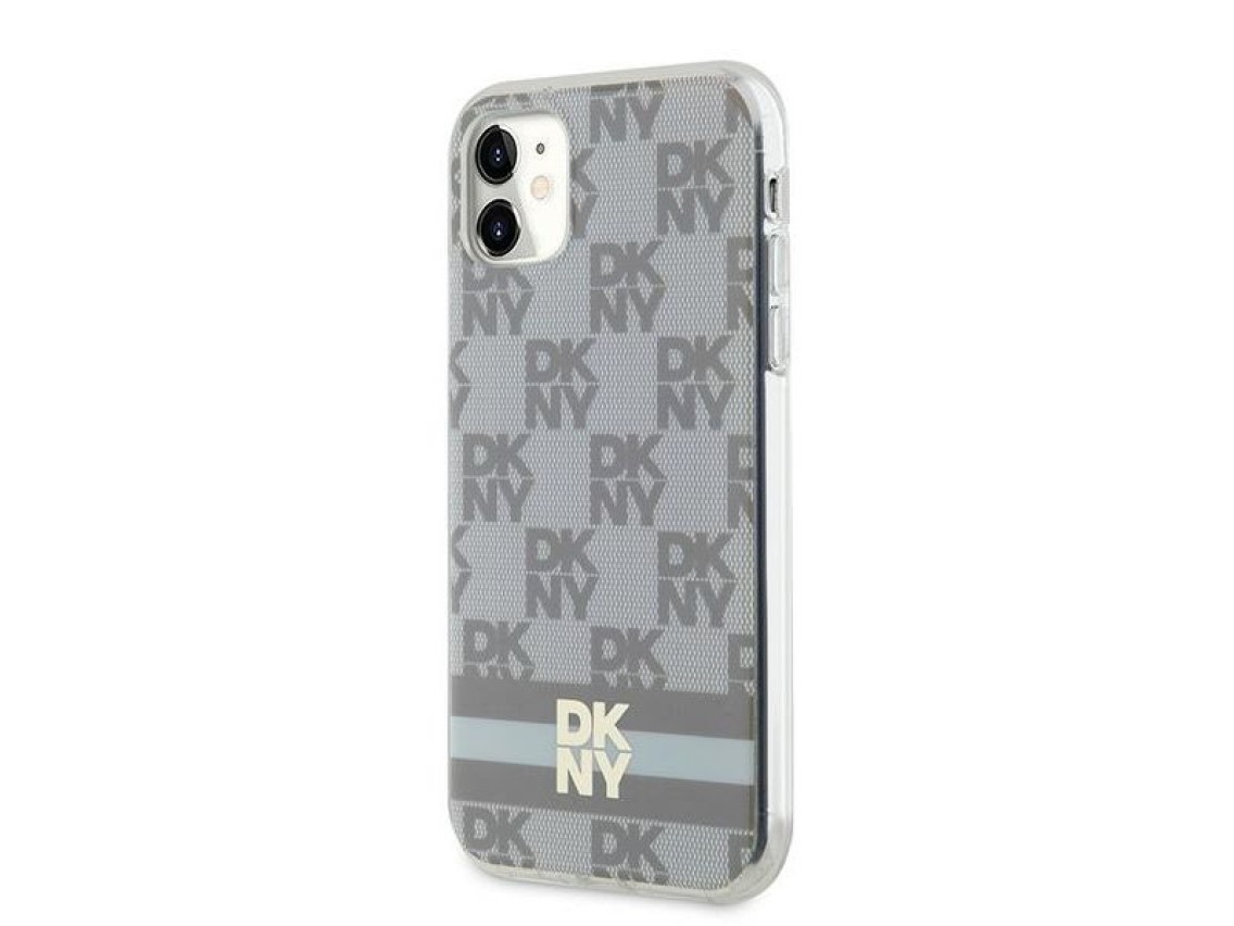 Capa MagSafe DKNY IML com estampa xadrez monocromática e listras para iPhone 11/Xr - bege