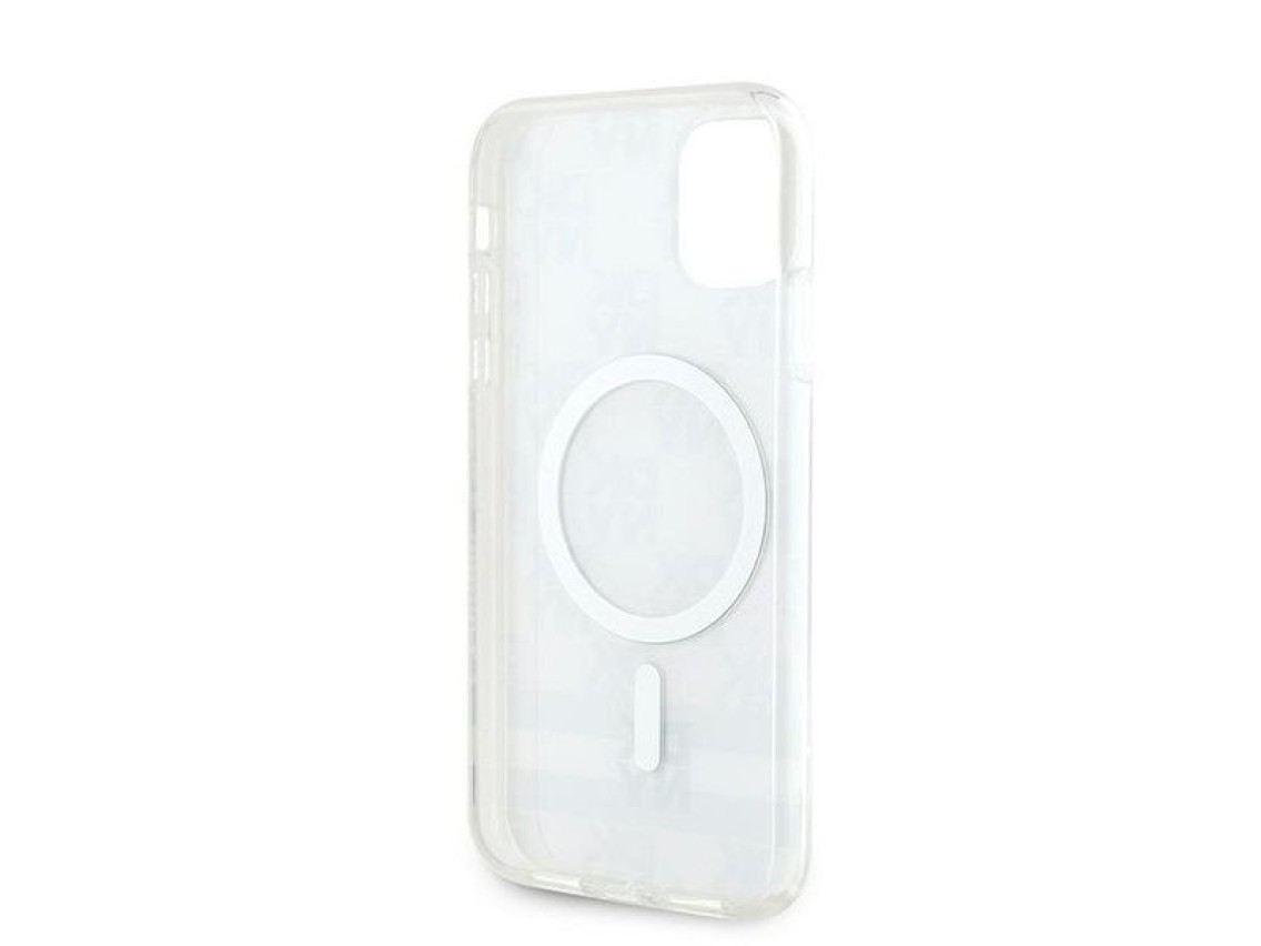 Capa MagSafe DKNY IML com estampa xadrez monocromática e listras para iPhone 11/Xr - bege