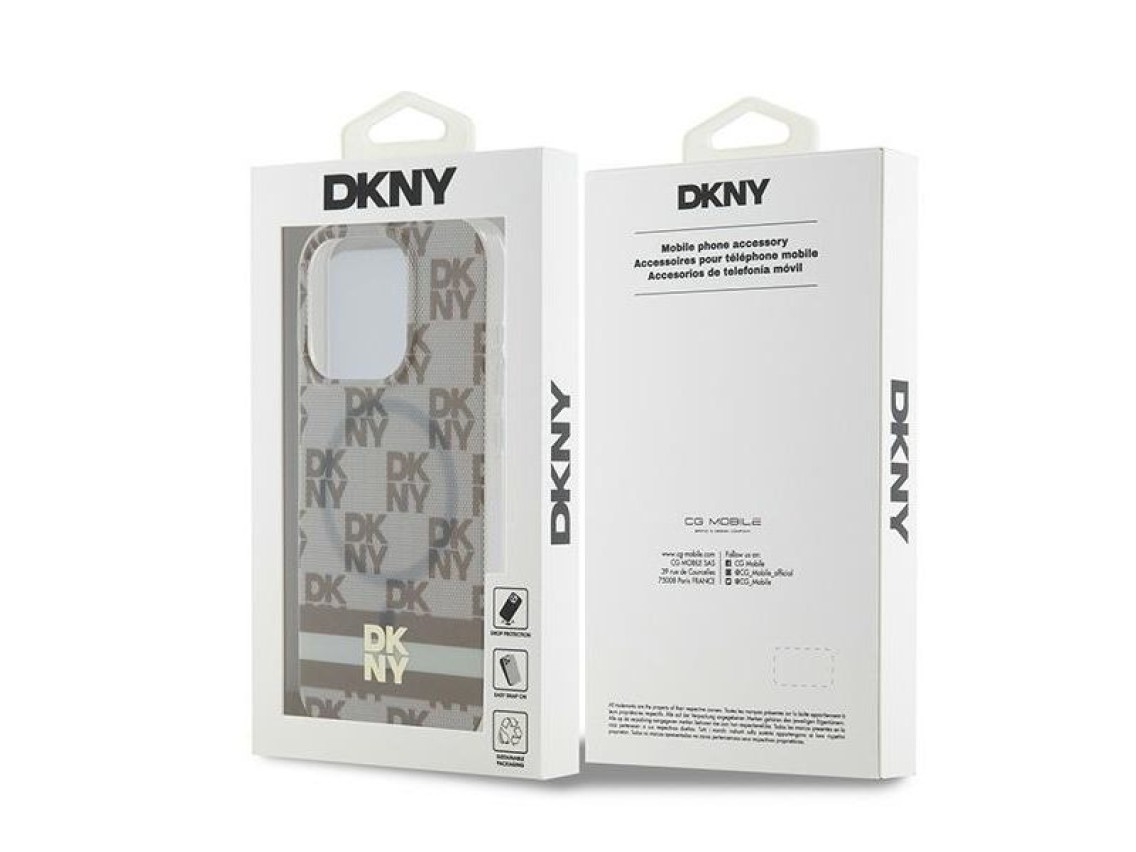 Capa MagSafe DKNY IML com estampa xadrez monocromática e listras para iPhone 13 Pro Max - bege