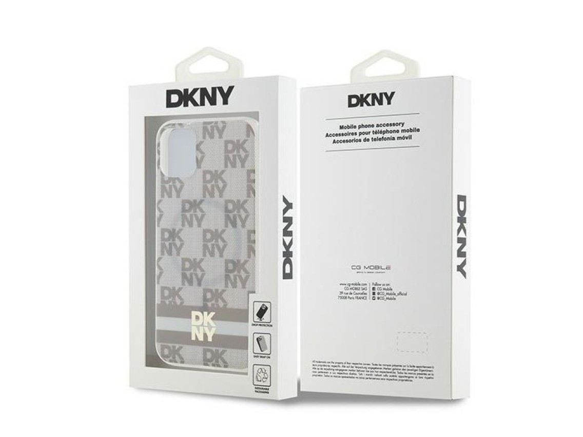 Capa MagSafe DKNY IML com estampa xadrez monocromática e listras para iPhone 11/Xr - bege