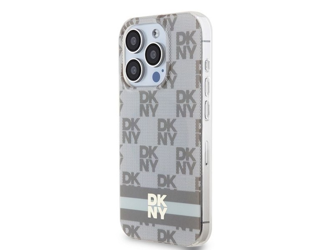 Capa MagSafe DKNY IML com estampa xadrez monocromática e listras para iPhone 13 Pro Max - bege