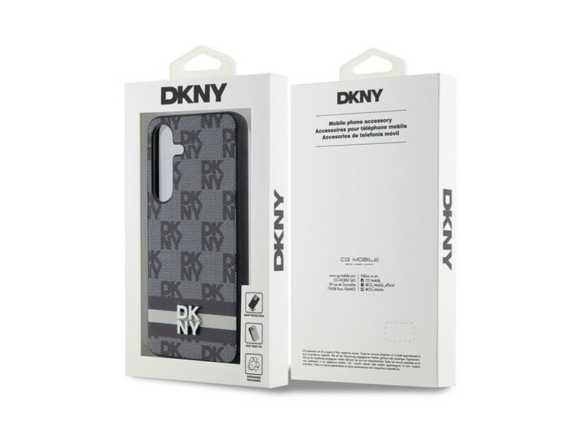 Capa DKNY em couro com estampa xadrez monocromática e listras para Samsung Galaxy S24 - Preta