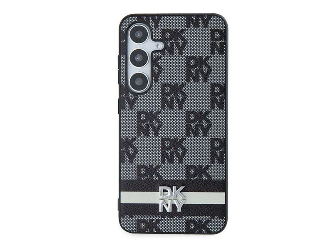 Capa DKNY em couro com estampa xadrez monocromática e listras para Samsung Galaxy S24 - Preta