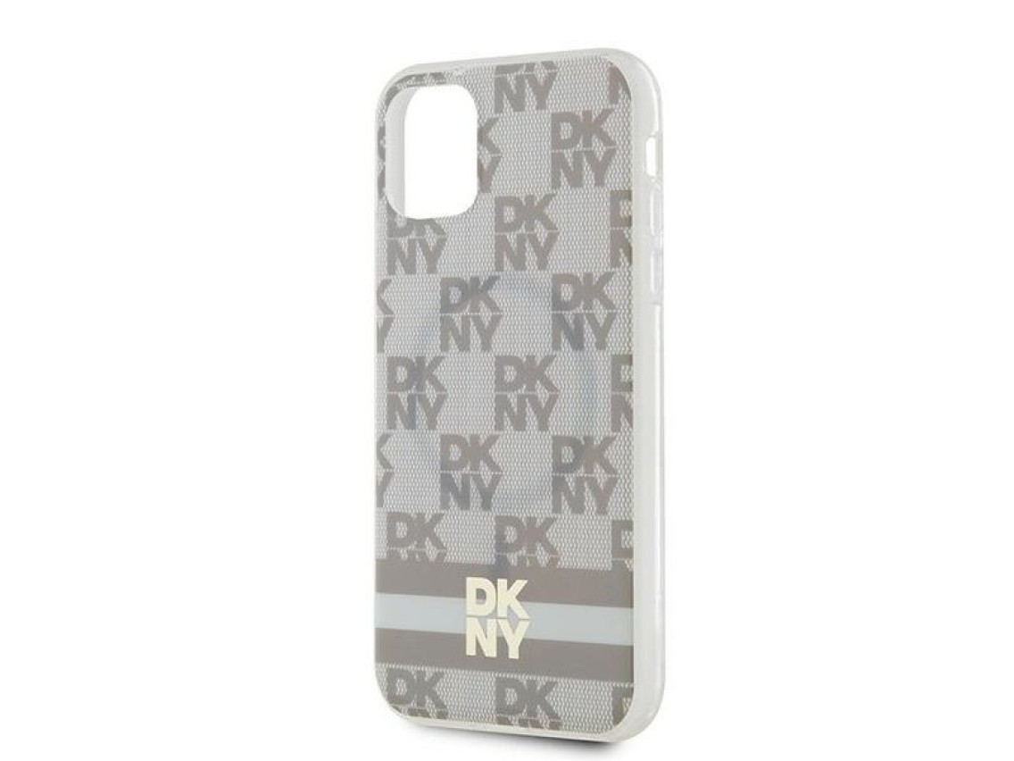 Capa MagSafe DKNY IML com estampa xadrez monocromática e listras para iPhone 11/Xr - bege
