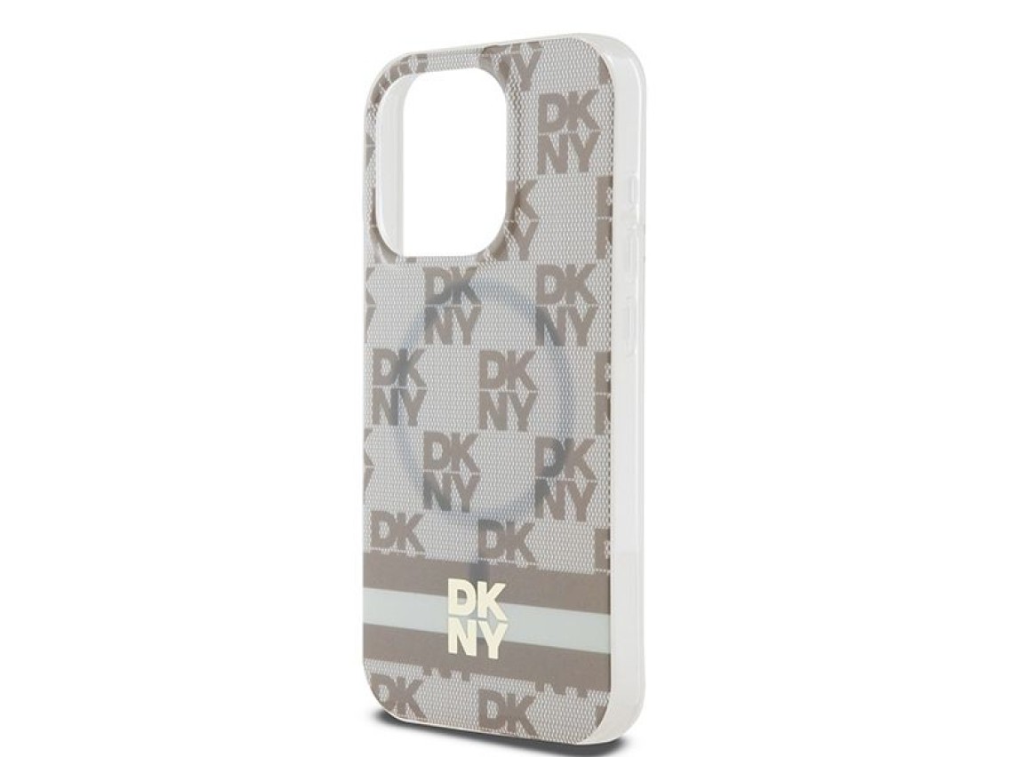 Capa MagSafe DKNY IML com estampa xadrez monocromática e listras para iPhone 13 Pro Max - bege