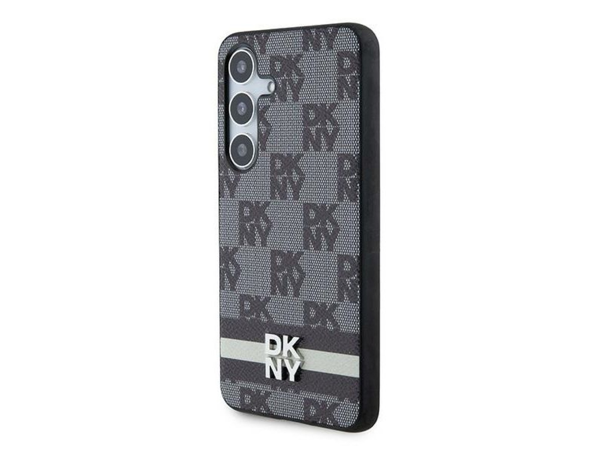 Capa DKNY em couro com estampa xadrez monocromática e listras para Samsung Galaxy S24 - Preta