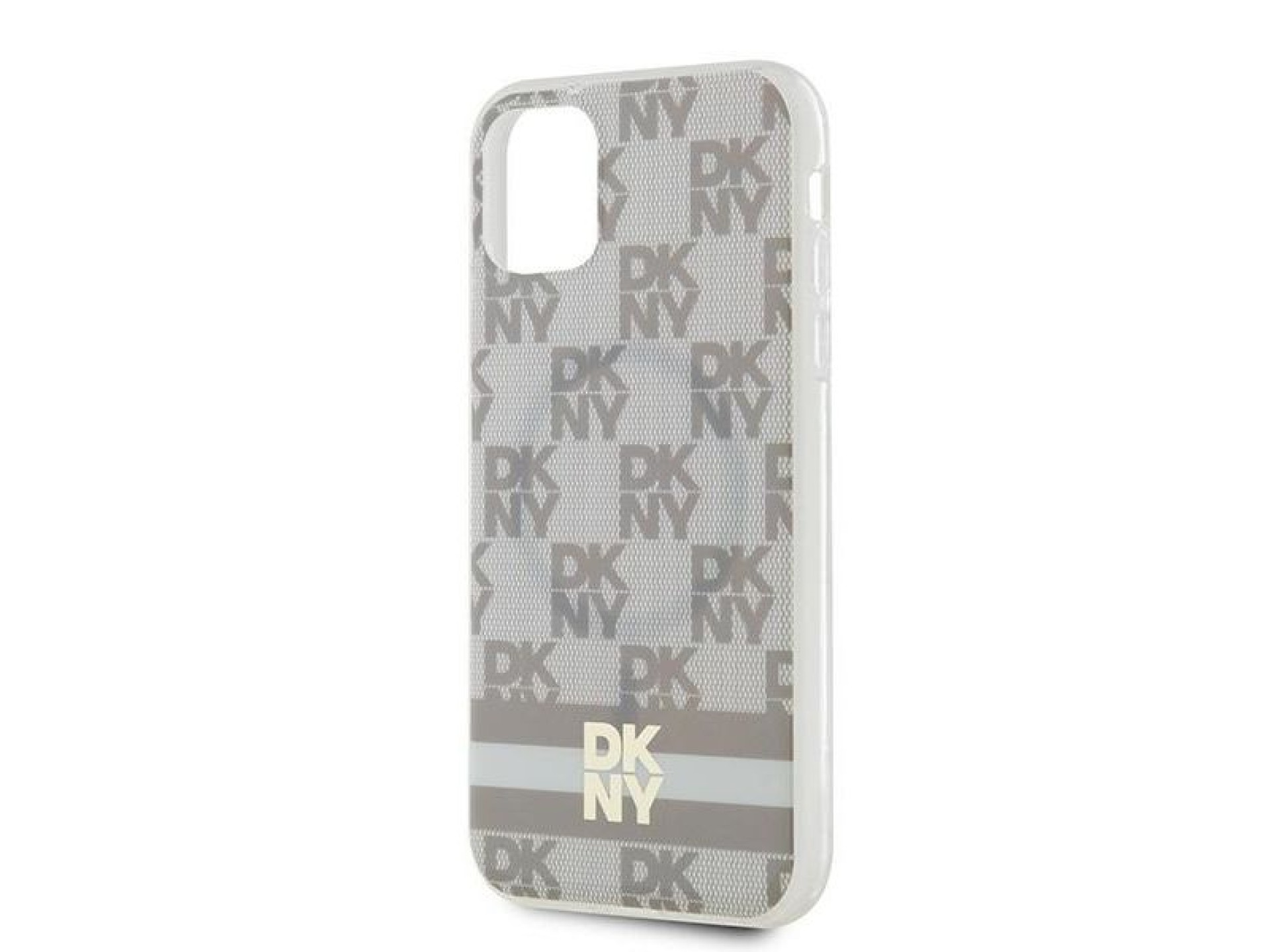 Capa MagSafe DKNY IML com estampa xadrez monocromática e listras para iPhone 11/Xr - bege