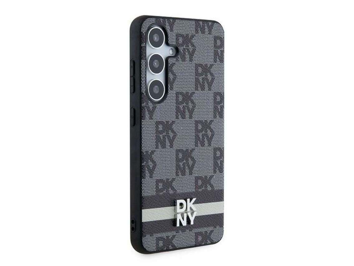 Capa DKNY em couro com estampa xadrez monocromática e listras para Samsung Galaxy S24 - Preta