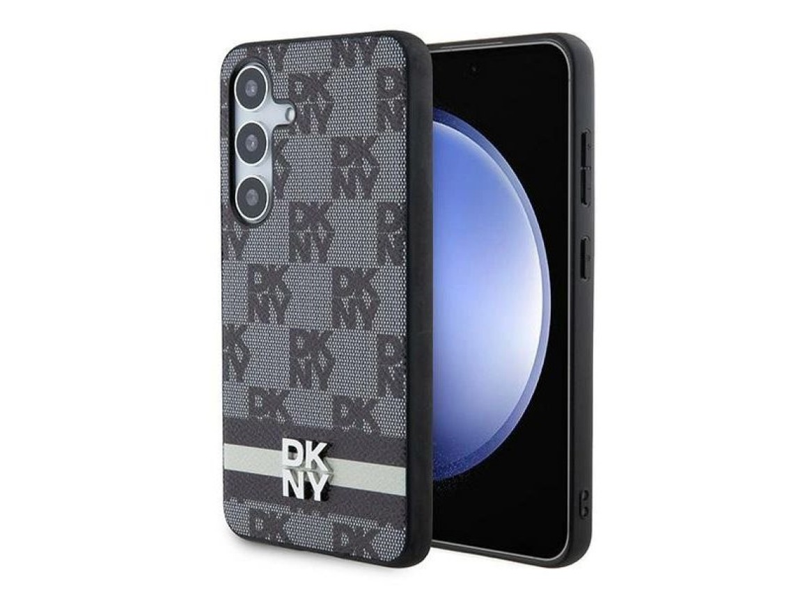 Capa DKNY em couro com estampa xadrez monocromática e listras para Samsung Galaxy S24 - Preta