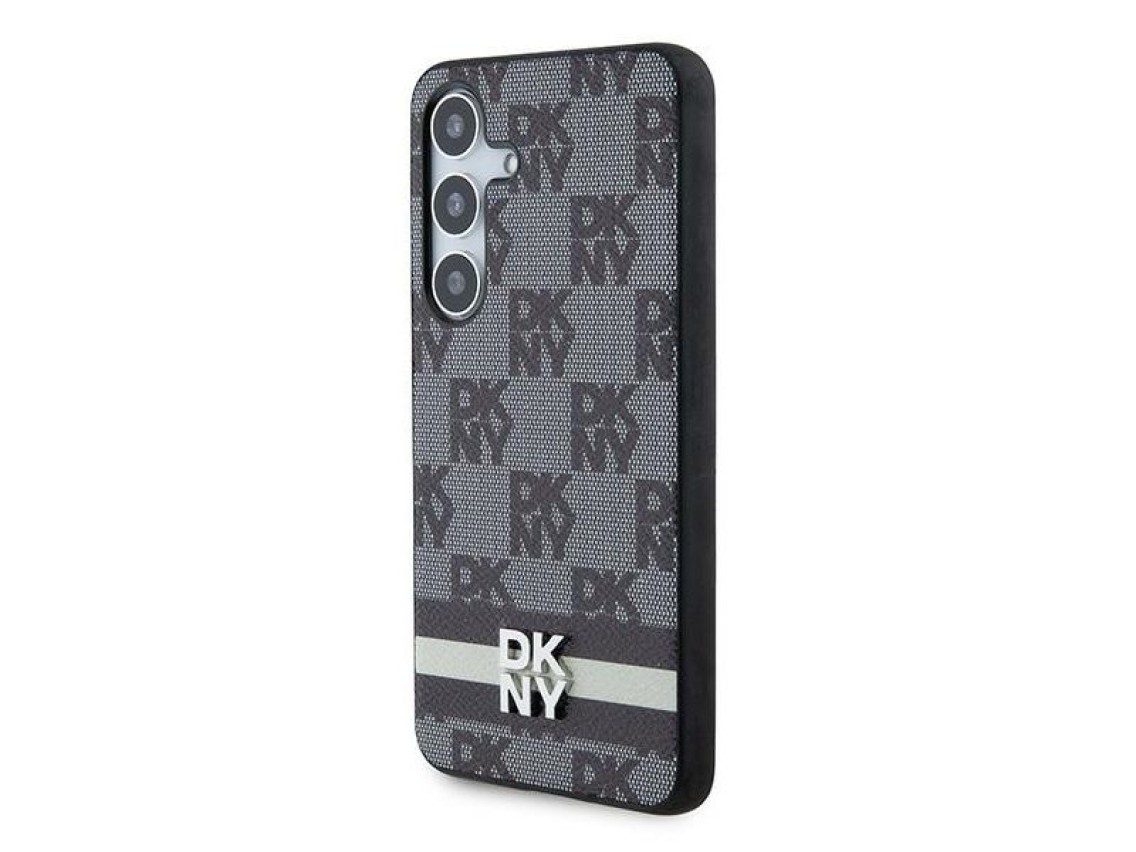 Capa DKNY em couro com estampa xadrez monocromática e listras para Samsung Galaxy S24 - Preta