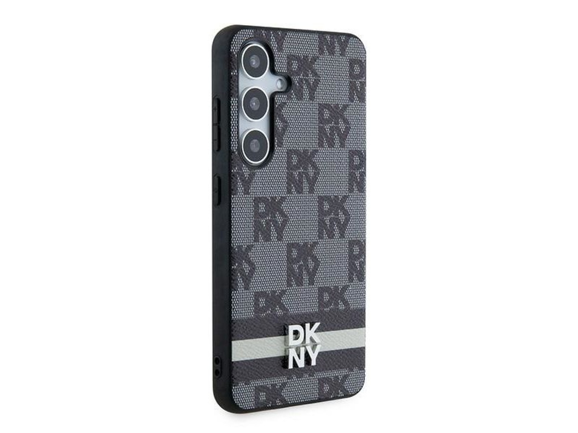 Capa DKNY em couro com estampa xadrez monocromática e listras para Samsung Galaxy S24 - Preta