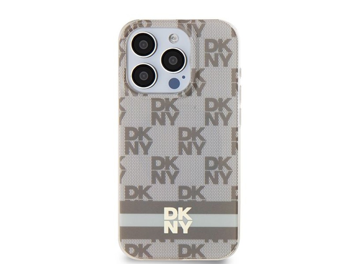 Capa MagSafe DKNY IML com estampa xadrez monocromática e listras para iPhone 13 Pro Max - bege