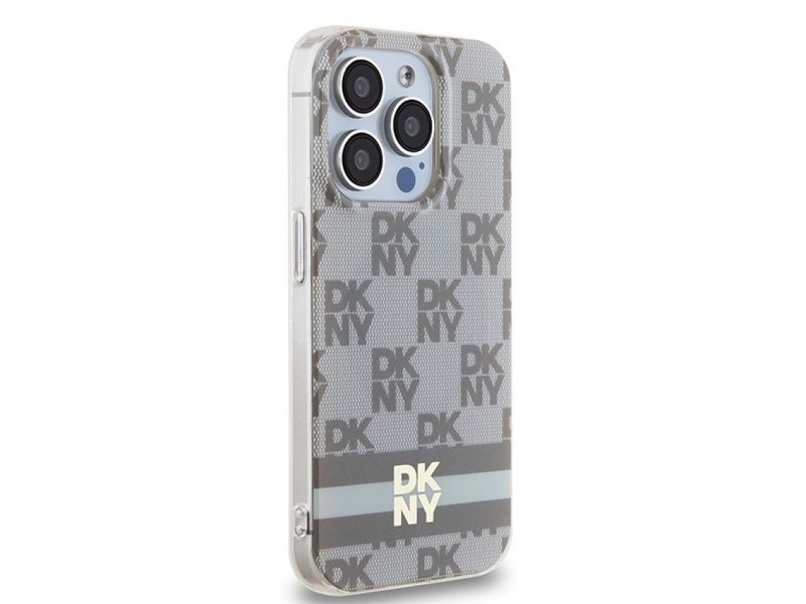 Capa MagSafe DKNY IML com estampa xadrez monocromática e listras para iPhone 13 Pro Max - bege