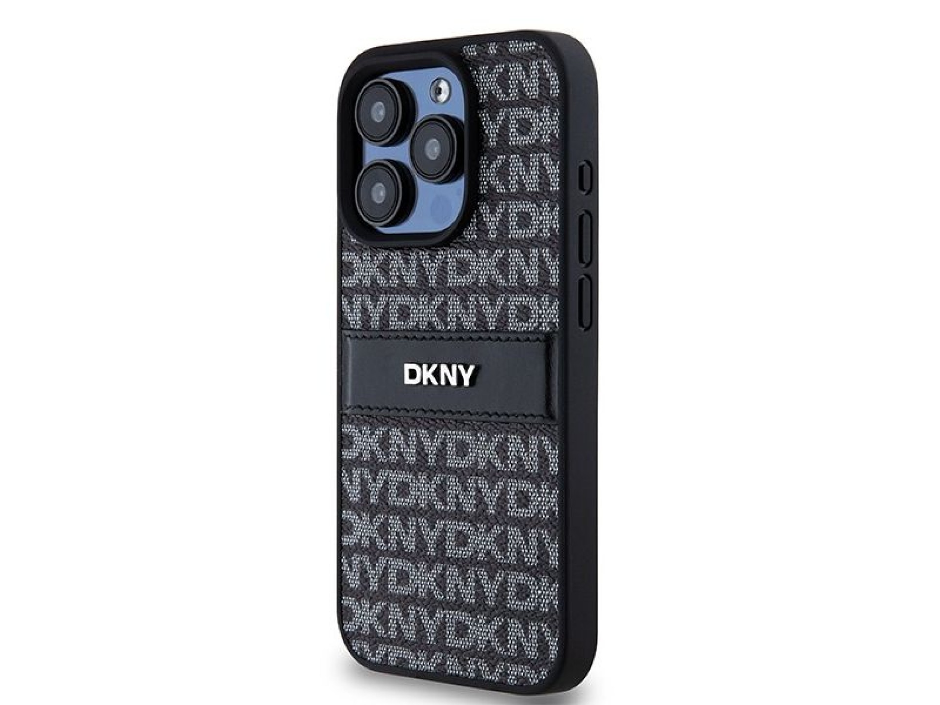Capa DKNY em couro com estampa Mono Stripe e logo metálico para iPhone 15 Pro - preta