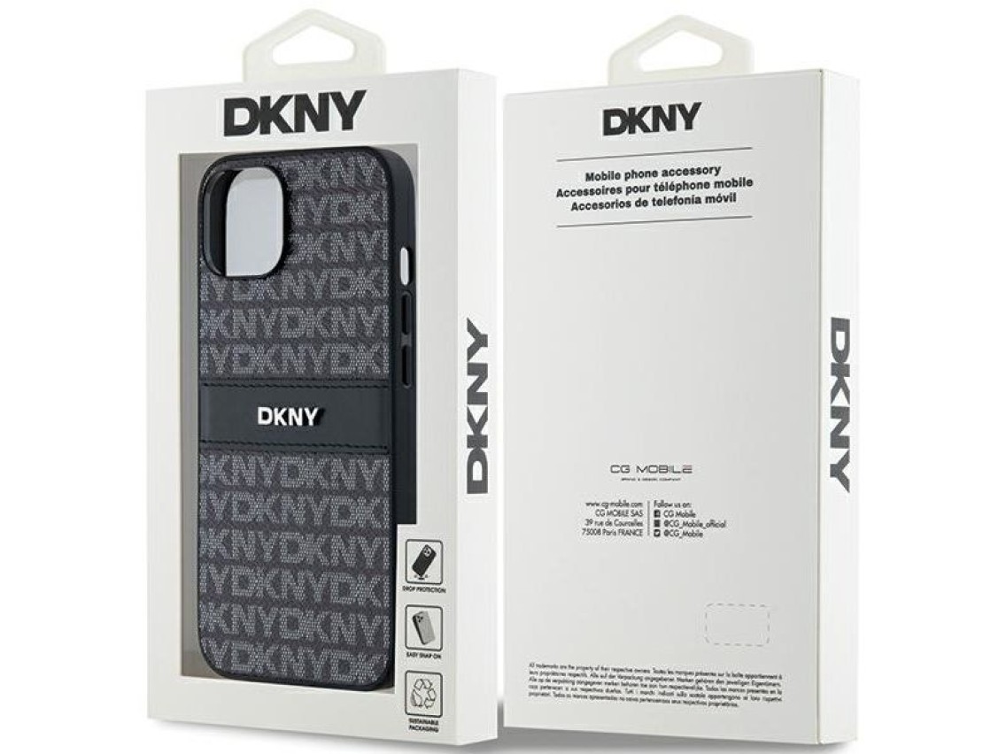 DKNY Leather Mono Stripe & Metal Logo Case for iPhone 15 Plus / 14 Plus - Black
