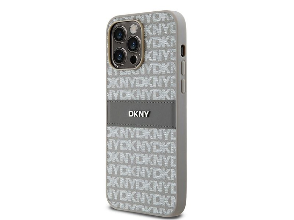 Capa DKNY em couro com estampa Mono Stripe e logo metálico para iPhone 14 Pro Max - bege