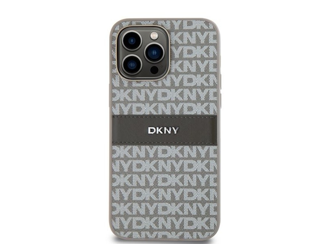 Capa DKNY em couro com estampa Mono Stripe e logo metálico para iPhone 14 Pro Max - bege