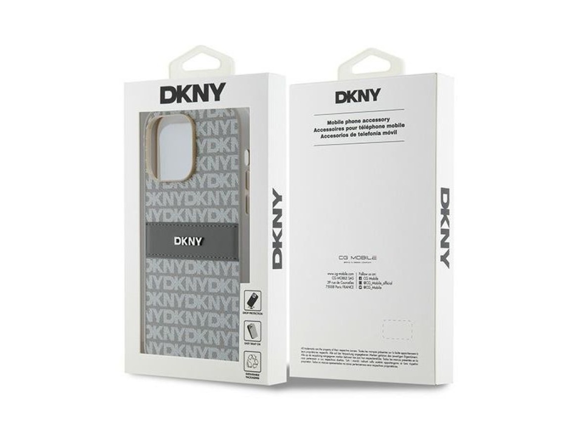 Capa DKNY em couro com estampa Mono Stripe e logo metálico para iPhone 14 Pro Max - bege