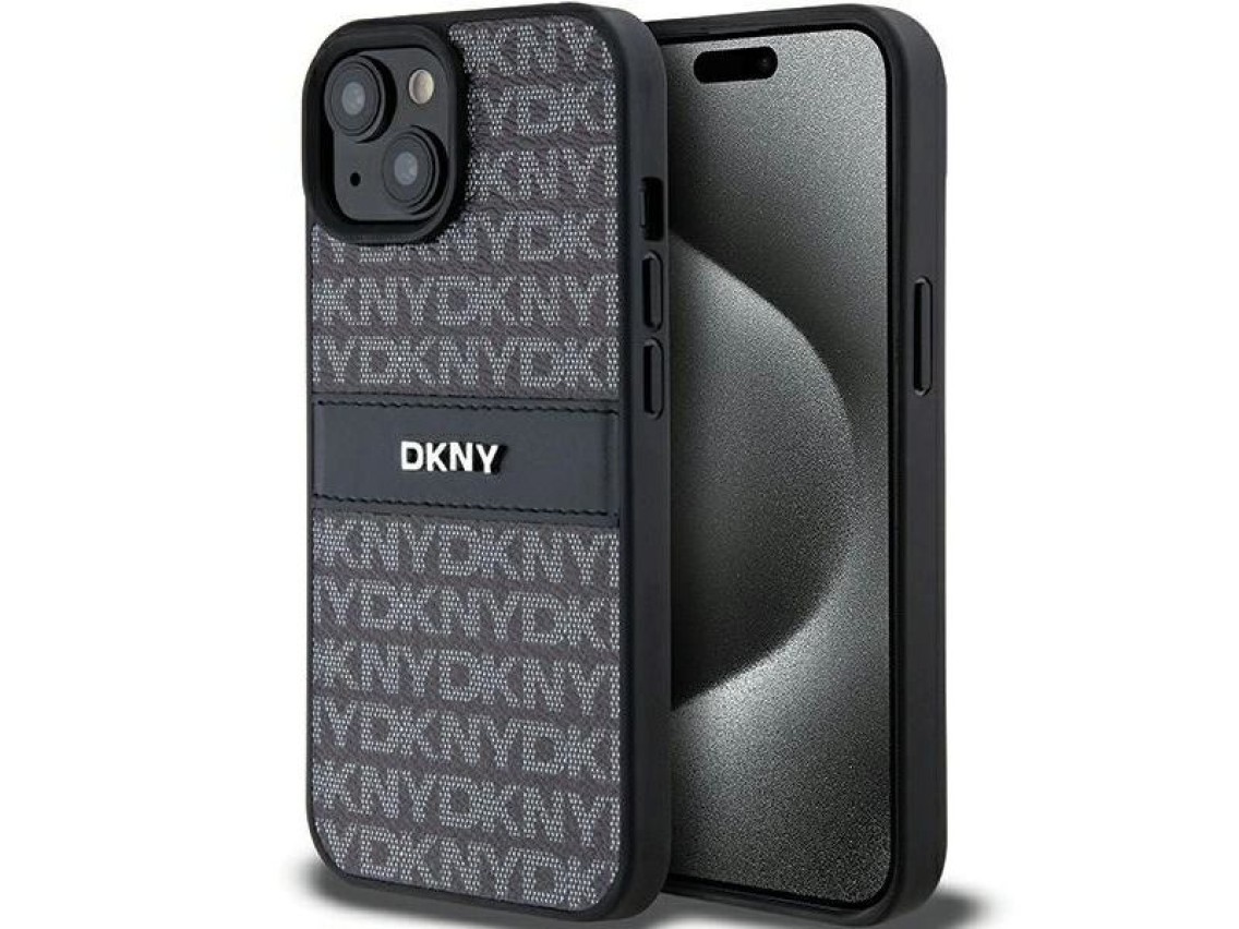 DKNY Leather Mono Stripe & Metal Logo Case for iPhone 15 Plus / 14 Plus - Black