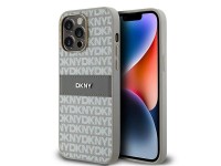 Capa DKNY em couro com estampa Mono Stripe e logo metálico para iPhone 14 Pro Max - bege Capa DKNY em couro com estampa Mono Stripe e logo metálico para iPhone 14 Pro Max - bege
