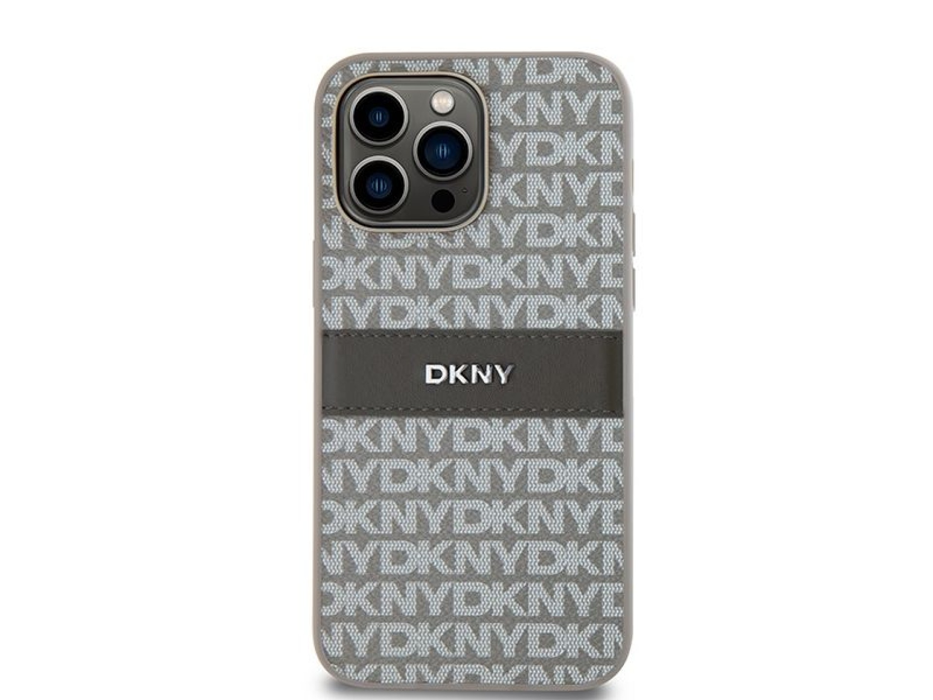 DKNY Leather Mono Stripe & Metal Logo case for iPhone 14 Pro Max - beige