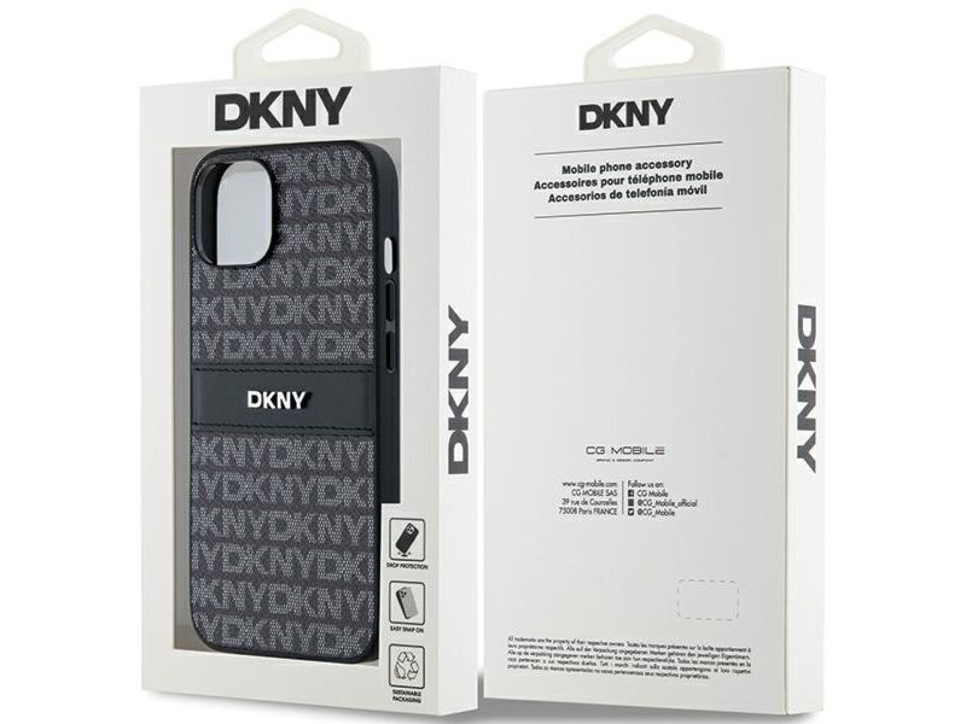 Capa DKNY em couro com estampa Mono Stripe e logo em metal para iPhone 15/14/13 - Preta