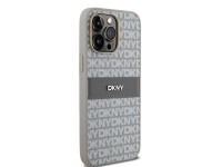 Capa DKNY em couro com estampa Mono Stripe e logo metálico para iPhone 14 Pro Max - bege Capa DKNY em couro com estampa Mono Stripe e logo metálico para iPhone 14 Pro Max - bege