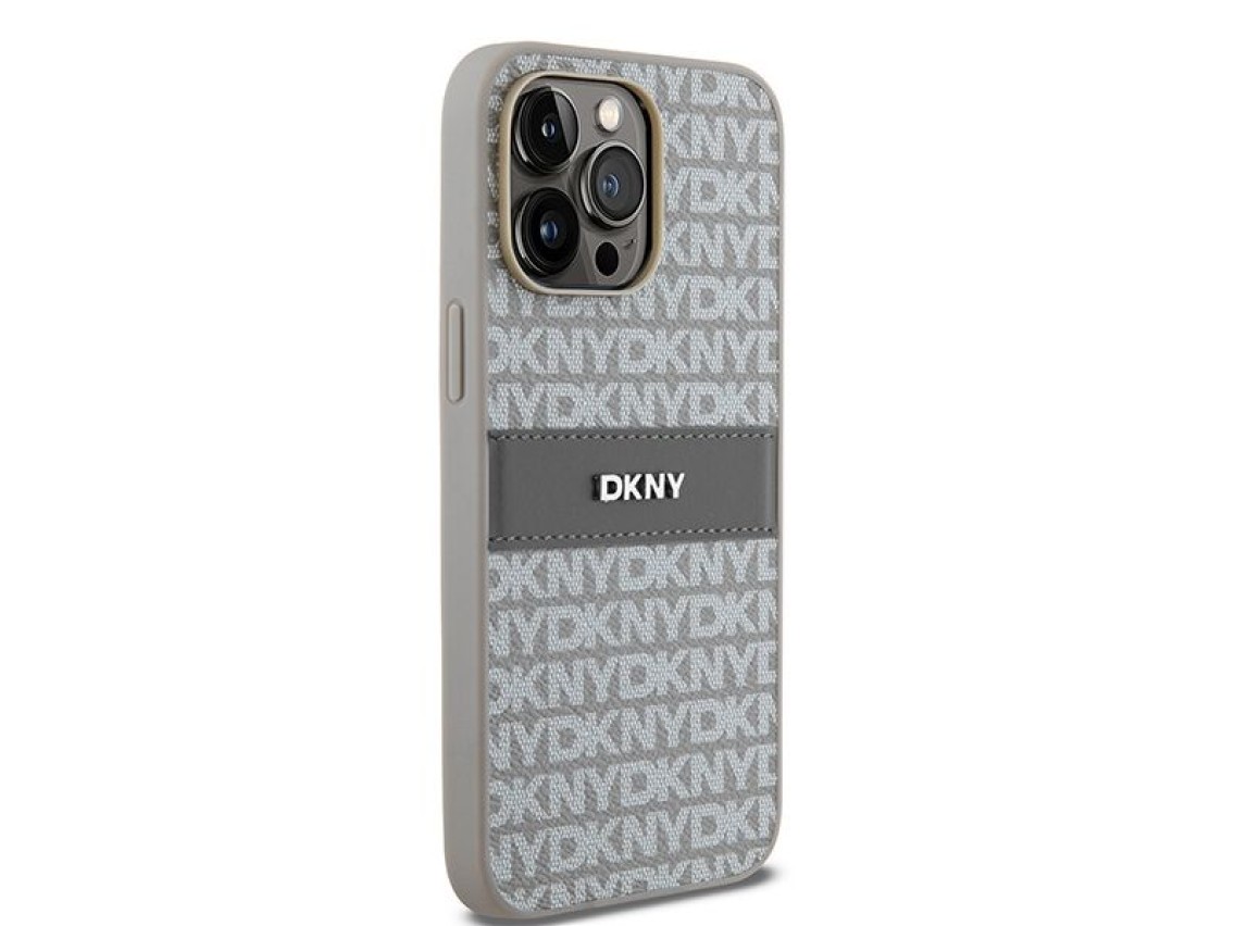 Capa DKNY em couro com estampa Mono Stripe e logo metálico para iPhone 14 Pro Max - bege
