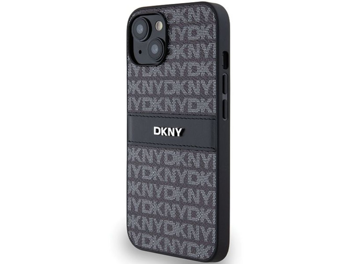 Capa DKNY em couro com estampa Mono Stripe e logo em metal para iPhone 15/14/13 - Preta