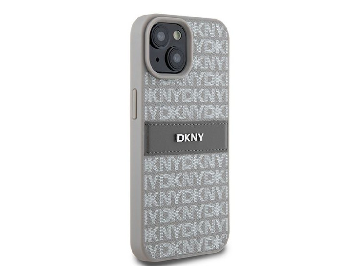Funda DKNY de piel con franja monocrom�tica y logo met�lico para iPhone 15 / 14 / 13 - beige
