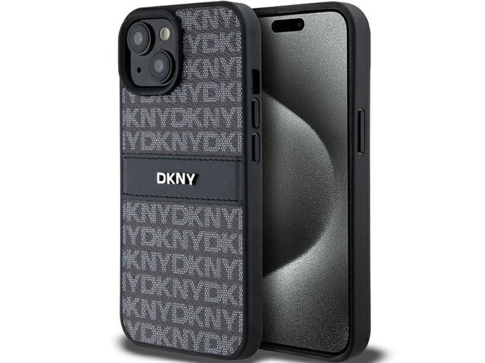 DKNY Leather Mono Stripe & Metal Logo Case for iPhone 15 Plus / 14 Plus - Black