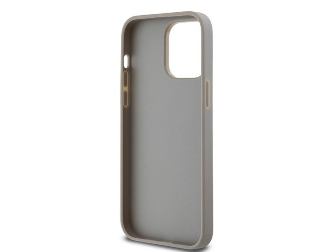 Capa DKNY em couro com estampa Mono Stripe e logo metálico para iPhone 14 Pro Max - bege