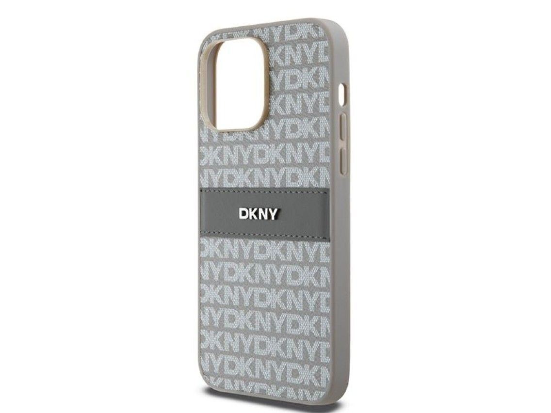 Capa DKNY em couro com estampa Mono Stripe e logo metálico para iPhone 14 Pro Max - bege